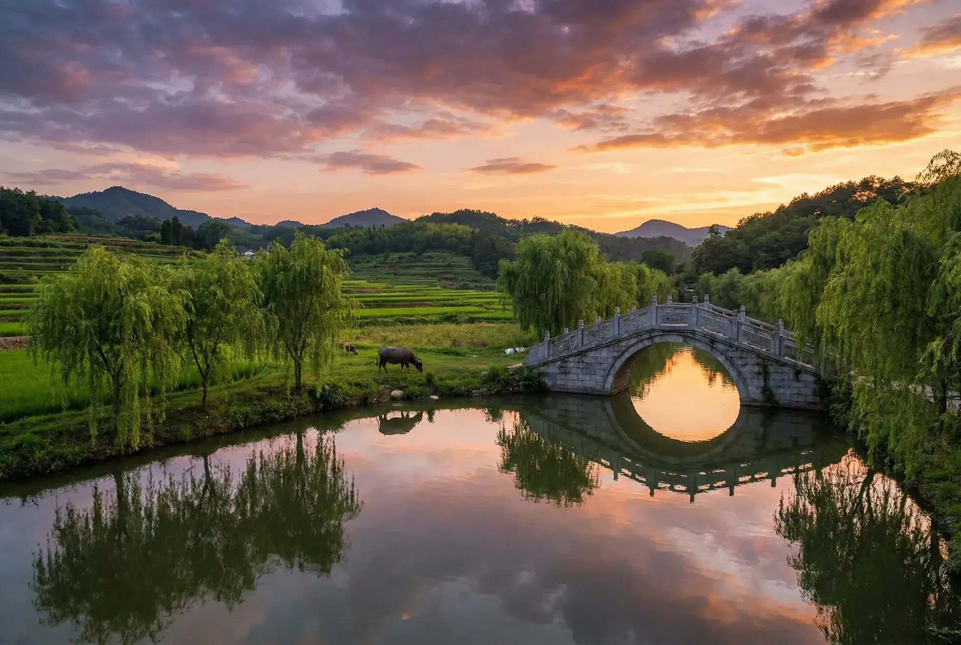 夕阳下的石拱桥与垂柳，水牛在河边吃草 - 电影 一路向西 乡村美景